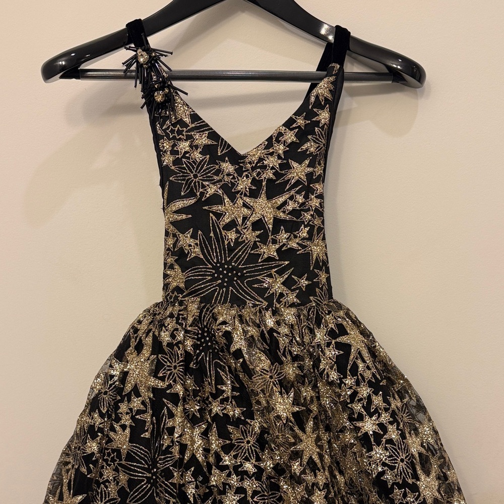 Little Girl's Black and Gold Star Patterned Formal Dress - Picture 5 of 14